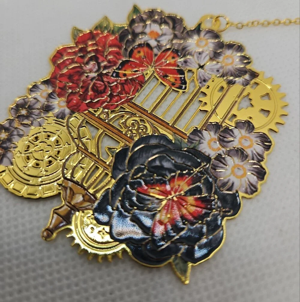 Gold Floral & Butterfly Steampunk Enamel Bookmark